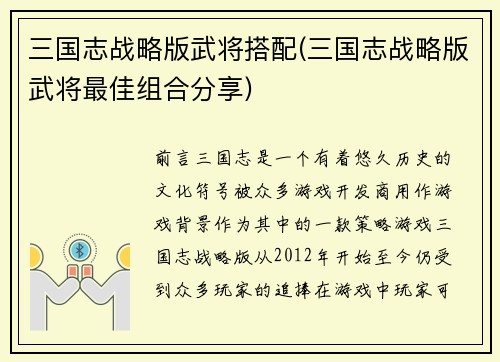 三国志战略版武将搭配(三国志战略版武将最佳组合分享)