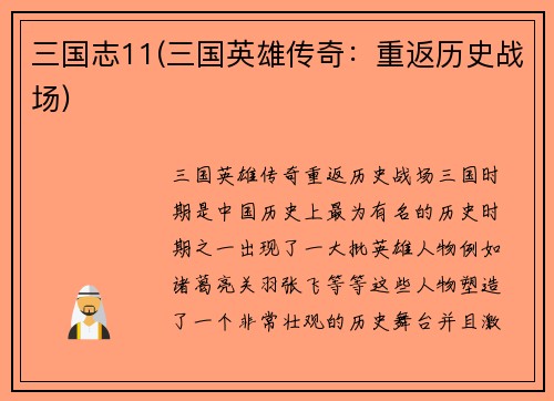 三国志11(三国英雄传奇：重返历史战场)